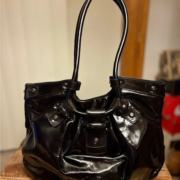 Authentic Salvatore Ferragamo Black Patent Leather Celtico Satchel